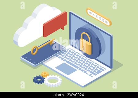 Isometrics protect data and confidentiality. Safety and confidential data protection, concept with character saving code and check access Stock Vector