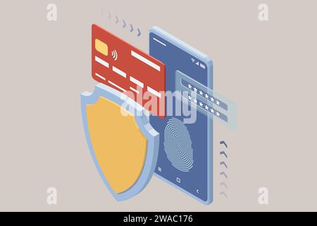 Isometrics protect data and confidentiality. Safety and confidential data protection, concept with character saving code and check access. Stock Vector
