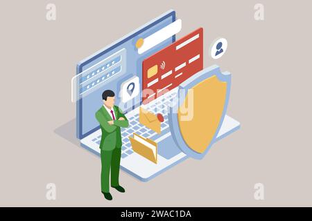 Isometrics protect data and confidentiality. Safety and confidential data protection, concept with character saving code and check access. Stock Vector