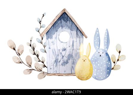 Birdhouse, Willow, And Decor - Easter Eggs With Rabbit Ears, Hand-Painted With Watercolor, Are An Illustration For Easter Stock Vector