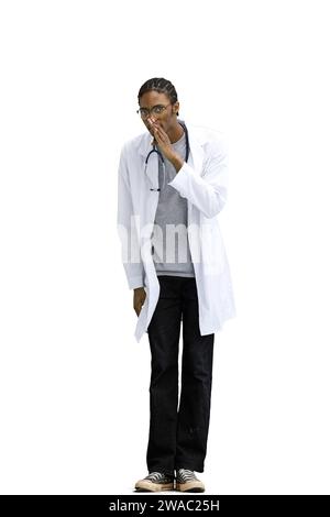 A male doctor, on a white background, in full height, tells a secret Stock Photo
