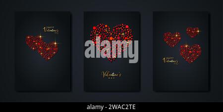 Happy Valentines day vector set greeting card. Red glitter hearts on black background. Holiday poster with gold text, jewels. Concept for Valentines Stock Vector