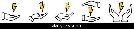 Yellow flash symbol above and in hands - give, hold or protect energy sign Stock Vector