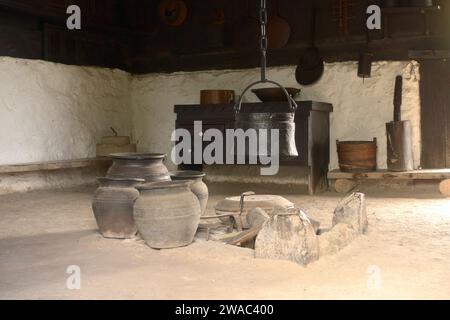 the hearth inside the main house in Open-Air Museum Old Village, Sirogojno, Serbia Stock Photo