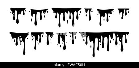 Paint dripping. Dripping liquid. Paint flows. Current paint, stains. Current drops. Current inks. Vector illustration. Flowing liquid. Stencil drops. Stock Vector