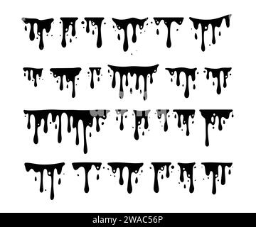 Paint dripping. Dripping liquid. Paint flows. Current paint, stains. Current drops. Current inks. Vector illustration. Flowing liquid. Stencil drops. Stock Vector