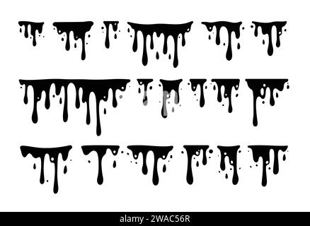 Paint dripping. Dripping liquid. Paint flows. Current paint, stains. Current drops. Current inks. Vector illustration. Flowing liquid. Stencil drops. Stock Vector