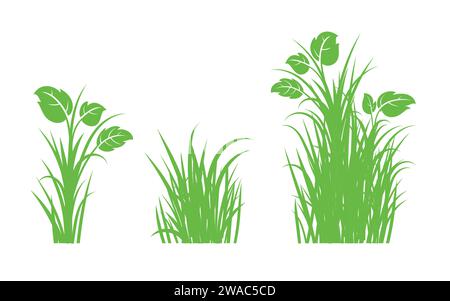 Green grass silhouette. Cartoon lines of plants and shrubs for boarding and framing, eco and organic logo element. Vector set spring field planting sh Stock Vector