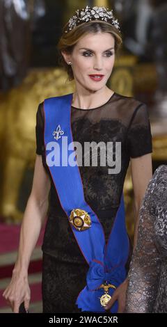 Madrid, United States Of America. 31st Oct, 2014. MADRID, SPAIN - OCTOBER 29: King Felipe VI of Spain and Queen Letizia of Spain receive Chilean President Michelle Bachelet for a Gala dinner at the Royal Palace on October 29, 2014 in Madrid, Spain People: Queen Letizia of Spain Credit: Storms Media Group/Alamy Live News Stock Photo