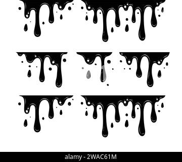 Paint dripping. Dripping liquid. Paint flows. Current paint, stains. Current drops. Current inks. Vector illustration. Flowing liquid. Stencil drops. Stock Vector