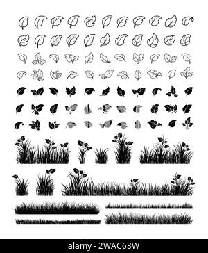 Green grass silhouette. Cartoon lines of plants and shrubs for boarding and framing, eco and organic logo element. Vector set spring field planting sh Stock Vector