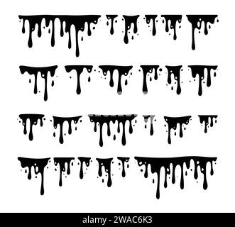 Paint dripping. Dripping liquid. Paint flows. Current paint, stains. Current drops. Current inks. Vector illustration. Flowing liquid. Stencil drops. Stock Vector