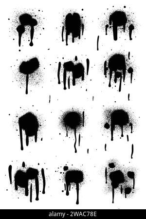 Black color spray paint or graffiti design element on the white wall background. Stock Vector
