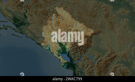 Montenegro highlighted on a elevation map colored in sepia tones with ...