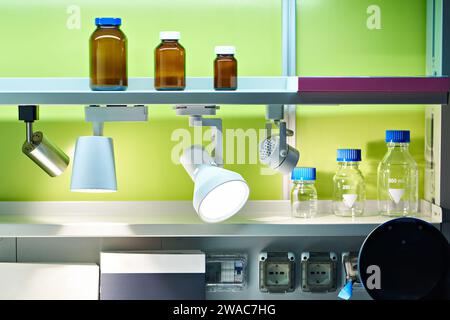 Laboratory work table for chemical experiments Stock Photo