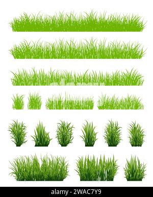 Green grass silhouette. Cartoon lines of plants and shrubs for boarding and framing, eco and organic logo element. Vector set spring field planting sh Stock Vector