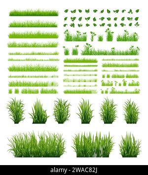 Green grass silhouette. Cartoon lines of plants and shrubs for boarding and framing, eco and organic logo element. Vector set spring field planting sh Stock Vector