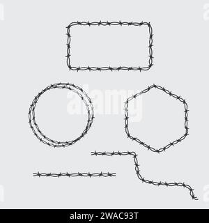 Barbed wire pattern brush template and geometric shapes. Stock vector illustration isolated on white background. Stock Vector
