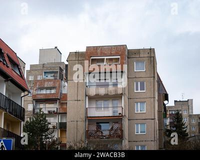 Prefabricated tenement building out of prefabricated concrete elements. Architecture in Eastern Europe with balconies on the exterior. Stock Photo