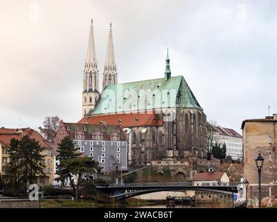 St. Peter's Church landmark in Görlitz in Saxony viewed from Poland. The backside of the famous building is part of the beautiful cityscape. Stock Photo