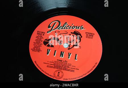 Viersen, Germany - May 9. 2023: Closeup of vinyl record album label of Delicious records company Stock Photo