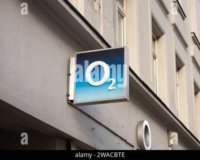 Close up of O2 brand logo, water splash droplets, British ...