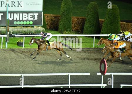 London, UK. 3rd January 2023. Hieronymus (pink and blue cap), ridden by Charles Bishop, wins the 20.00 at Kempton Park Racecourse, UK. Credit: Paul Blake/Alamy Live News. Stock Photo