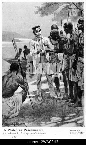 missionary David Livingstone greets a group of natives in Africa as he starts his mission of preaching Stock Photo