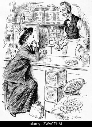 Engraving of a young female customer getting fresh with the older male owner of a grocery shop, published 1913 Stock Photo