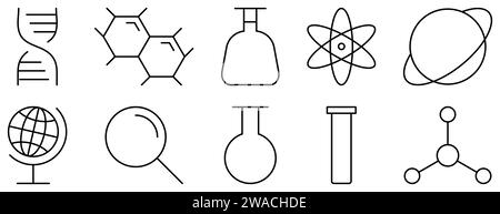 Set of chemistry and science line icons. Dna chain, atom, molecule, planeta, test tubes, lab flask, globe and magnifier symbols. Vector illustration Stock Vector