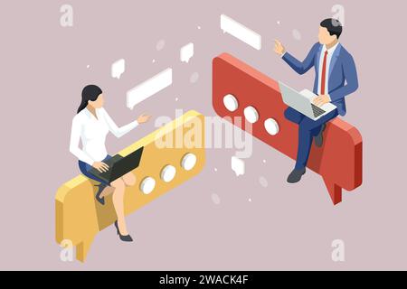 Isometric man and woman experts explaining, speaking, talking about work. people discussing, chatting and gesturing. Stock Vector