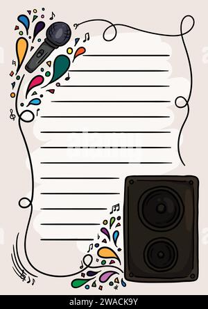 Colorful notebook page with musical elements and notes and bright splashes and drops. Template for notes and diary Stock Vector