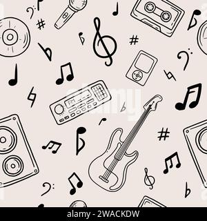 Seamless vector pattern for gift paper with musical instruments, gadgets and sheet music, in doodle style, hand drawn Stock Vector