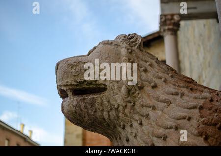 lion head around 1074 AD, art, sculpture, sculptural detail of the architectural complex of the prothyrum of the cathedral of Parma, Italy Stock Photo