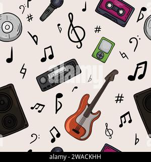 Seamless vector pattern for gift paper with musical instruments, gadgets and sheet music, in doodle style, hand drawn Stock Vector