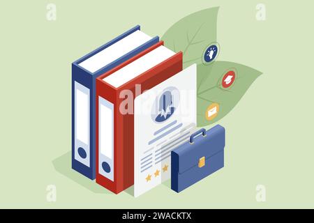 Isometric Online documentation database and digital file storage system or software. Archive managing online digital database Stock Vector