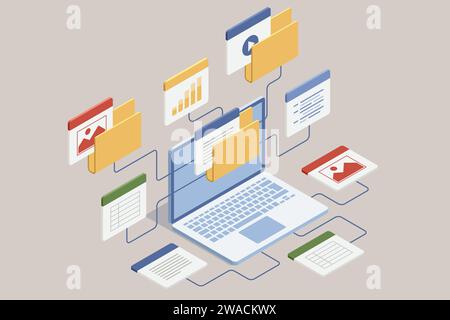 Isometric Online documentation database and digital file storage system or software. Archive managing online digital database Stock Vector