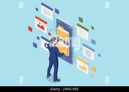 Isometric Online documentation database and digital file storage system or software. Archive managing online digital database Stock Vector