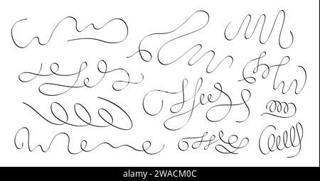 Abstract freeform curly doodle lines set simple hand drawn black monochrome vector illustration, wavy squiggle brush stroke shapes collection for part Stock Vector