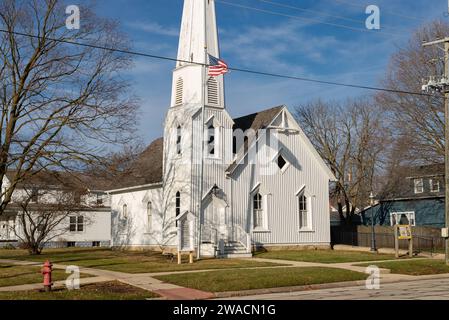 Dwight, Illinois - United States - January 2nd, 2023: Exterior of the historic Pioneer Gothic Church, built in 1857, in downtown Dwight, Illinois. Stock Photo