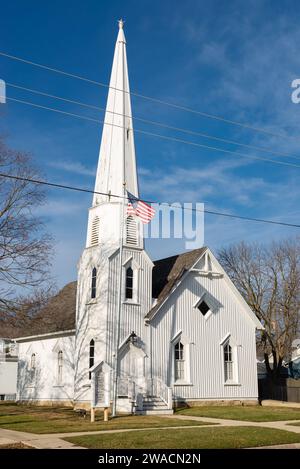 Dwight, Illinois - United States - January 2nd, 2023: Exterior of the historic Pioneer Gothic Church, built in 1857, in downtown Dwight, Illinois. Stock Photo