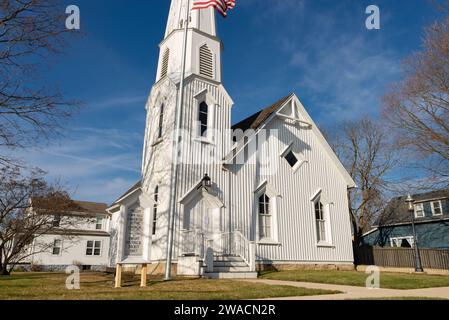 Dwight, Illinois - United States - January 2nd, 2023: Exterior of the historic Pioneer Gothic Church, built in 1857, in downtown Dwight, Illinois. Stock Photo