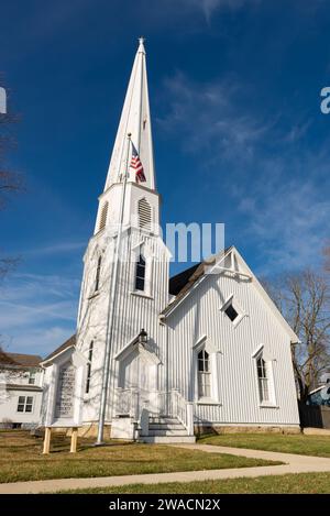 Dwight, Illinois - United States - January 2nd, 2023: Exterior of the historic Pioneer Gothic Church, built in 1857, in downtown Dwight, Illinois. Stock Photo