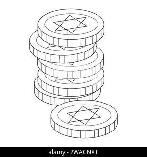 Coins, Jewish coins. Happy Hanukkah Illustration. Coloring page. Line Art. Stock Vector