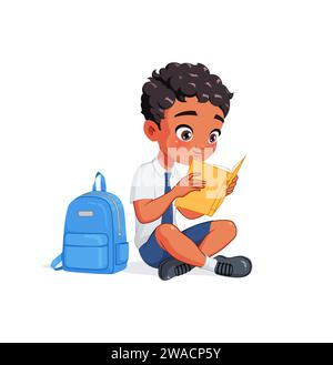 Cute Indian school boy in reading book sitting on the floor. Cartoon vector illustration. Stock Vector