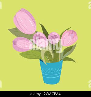 Flat pink tulips bouquet in vase vector illustration. Pink tulips in blue vase isolated. For holidays, 8th march, 14th february, international woman d Stock Vector
