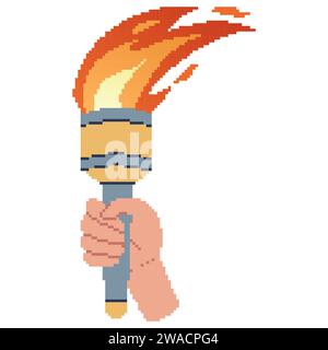 Pixel art style Hand holding a torch. Sport symbol, flat vector illustration design. Vector illustration. Stock Vector