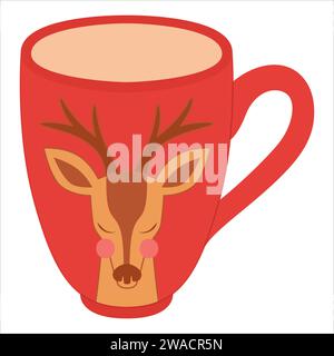 Christmas deer in Christmas mug isolated on white background. red mug. Vector christmas picture cup with deer. Vector illustration Stock Vector