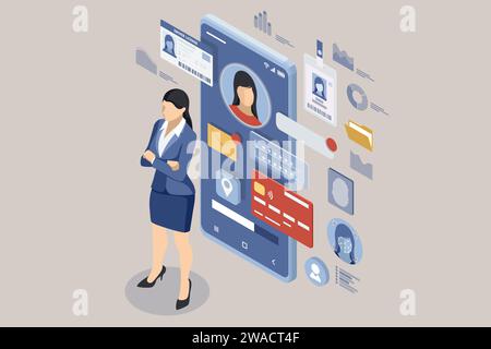 Isometric Personal data protection system of mobile applications. , Mobile security, Privacy settings, Secure access, Biometric authentication, Mobile Stock Vector