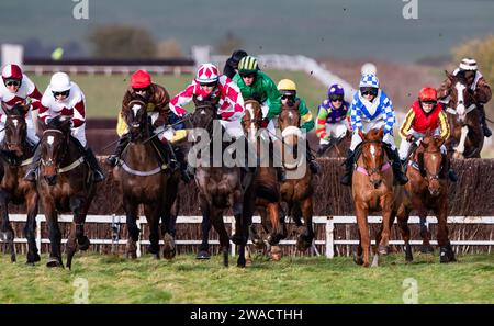Action from Larkhill Racecourse, Wiltshire, UK, as the Larkhill Racing Club held their annual point-to-point race meeting on New Years' Eve 2023. Stock Photo